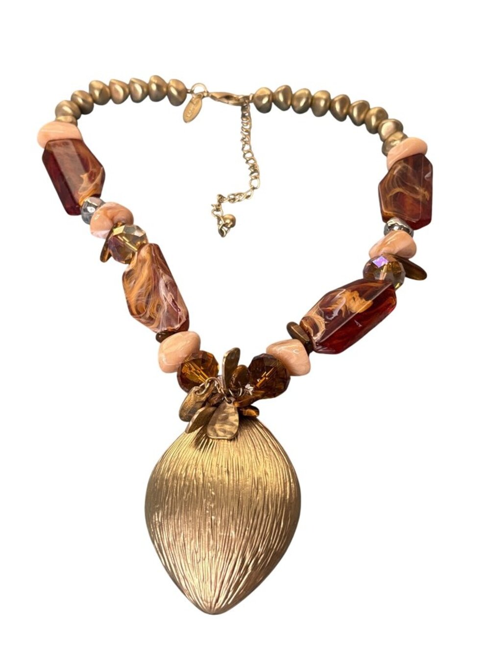 Chico's Chunky Beaded Necklace Goldtone Textured Pendant Plastic Beads Tiger Eye
